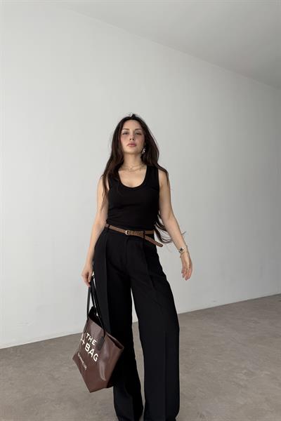 Premium Kemerli Siyah Keten Pantolon