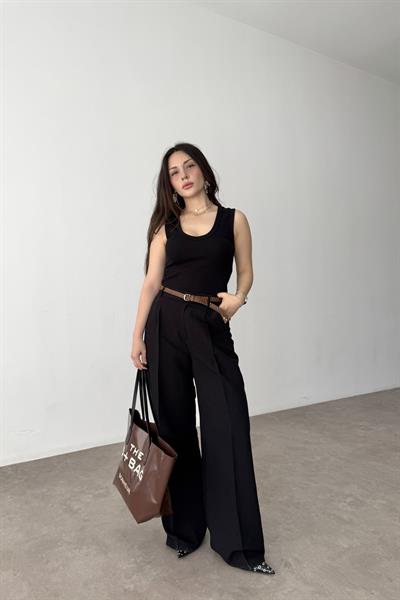Premium Kemerli Siyah Keten Pantolon
