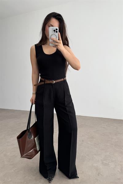 Premium Kemerli Siyah Keten Pantolon