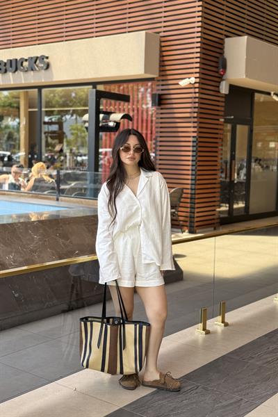 Premium Keten Gömlek Şort Takım Beyaz