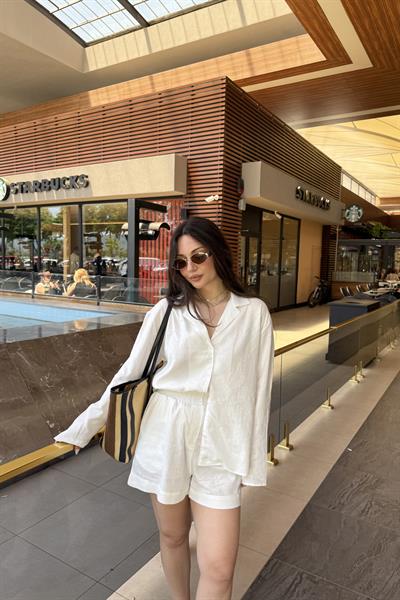 Premium Keten Gömlek Şort Takım Beyaz