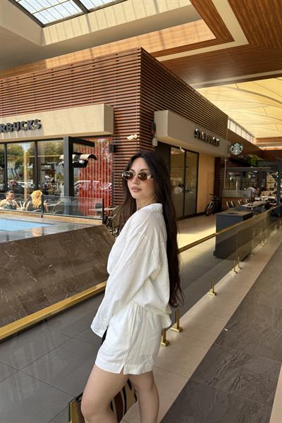 Premium Keten Gömlek Şort Takım Beyaz