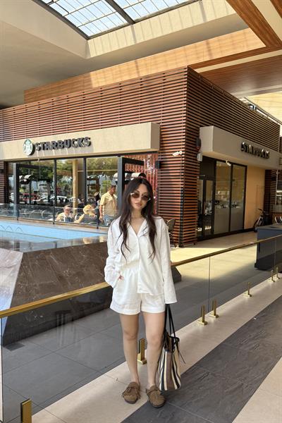 Premium Keten Gömlek Şort Takım Beyaz