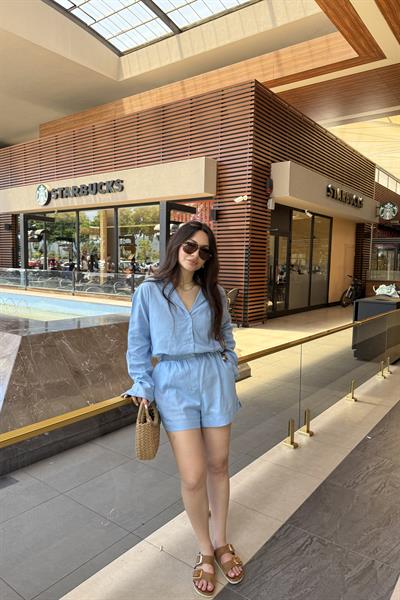 Premium Keten Gömlek Şort Takım Mavi