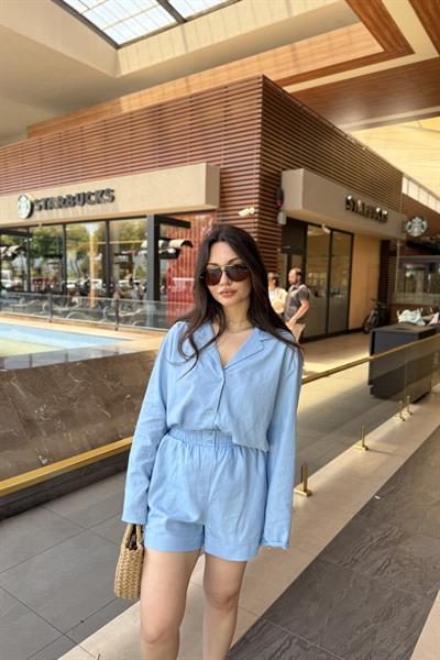 Premium Keten Gömlek Şort Takım Mavi