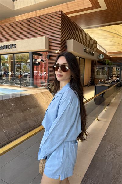 Premium Keten Gömlek Şort Takım Mavi