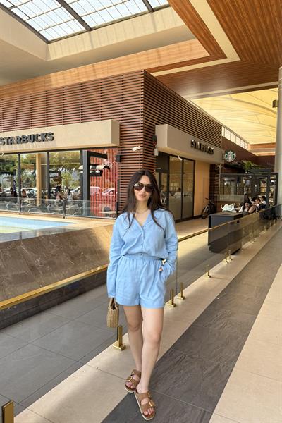 Premium Keten Gömlek Şort Takım Mavi