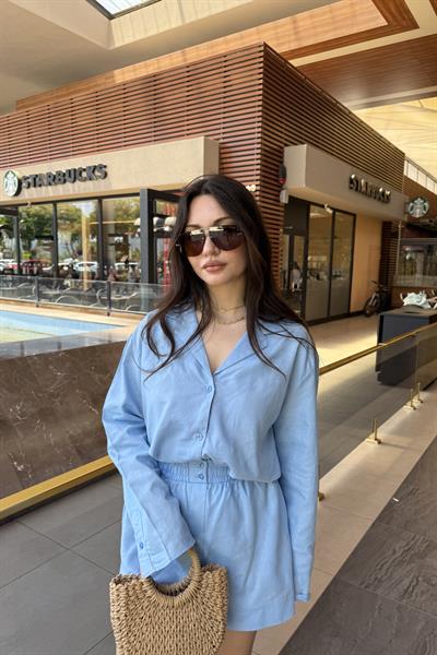 Premium Keten Gömlek Şort Takım Mavi