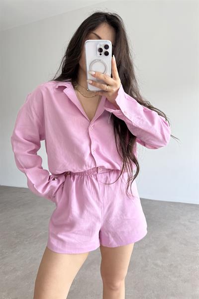 Premium Keten Gömlek Şort Takım Pembe 