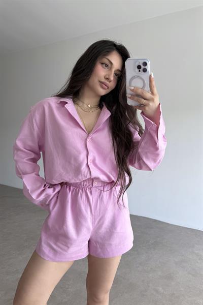 Premium Keten Gömlek Şort Takım Pembe 