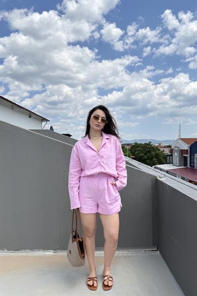 Premium Keten Gömlek Şort Takım Pembe 