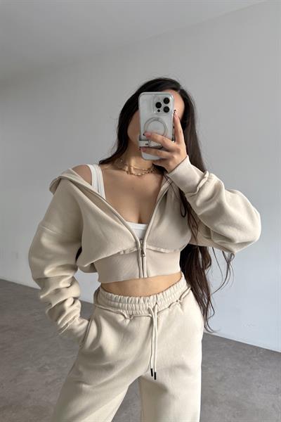 Premium Kısa Ceketli Şardonlu Bej Eşofman Takımı