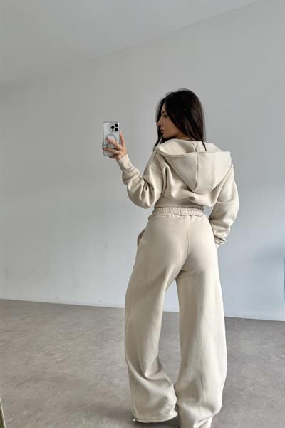 Premium Kısa Ceketli Şardonlu Bej Eşofman Takımı