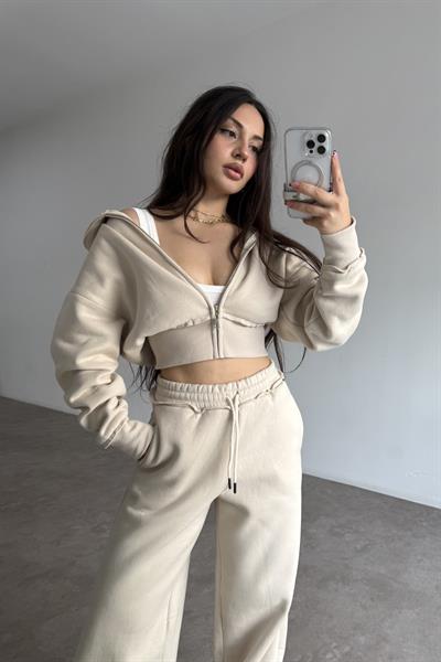 Premium Kısa Ceketli Şardonlu Bej Eşofman Takımı