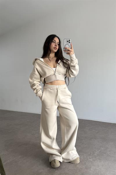 Premium Kısa Ceketli Şardonlu Bej Eşofman Takımı