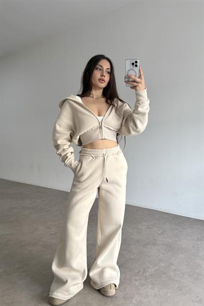 Premium Kısa Ceketli Şardonlu Bej Eşofman Takımı