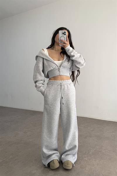 Premium Kısa Ceketli Şardonlu Gri Eşofman Takımı