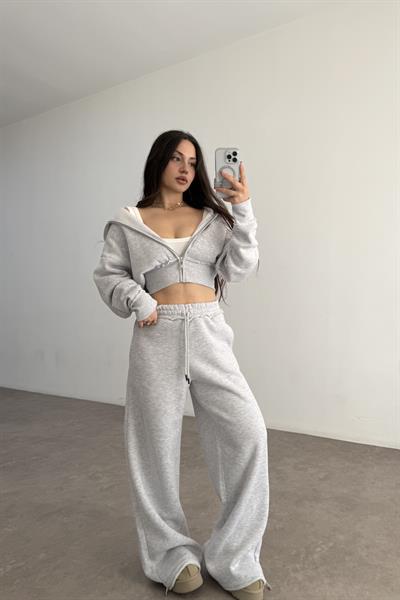 Premium Kısa Ceketli Şardonlu Gri Eşofman Takımı