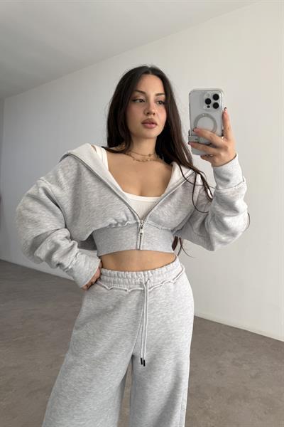 Premium Kısa Ceketli Şardonlu Gri Eşofman Takımı