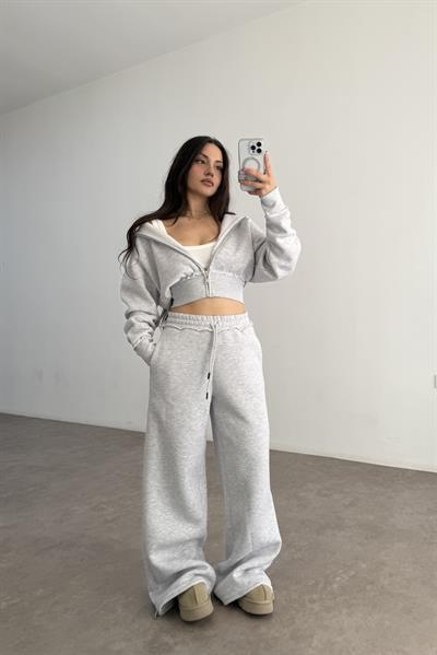 Premium Kısa Ceketli Şardonlu Gri Eşofman Takımı