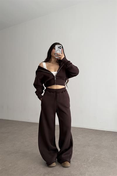 Premium Kısa Ceketli Şardonlu Kahve Eşofman Takımı