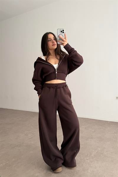 Premium Kısa Ceketli Şardonlu Kahve Eşofman Takımı