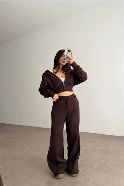 Premium Kısa Ceketli Şardonlu Kahve Eşofman Takımı