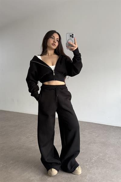 Premium Kısa Ceketli Şardonlu Siyah Eşofman Takımı