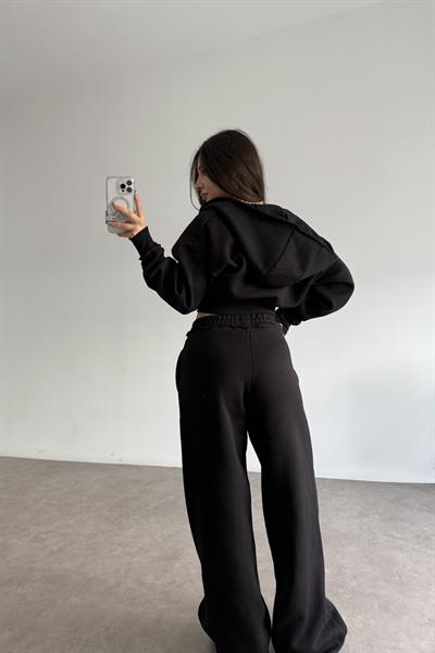 Premium Kısa Ceketli Şardonlu Siyah Eşofman Takımı