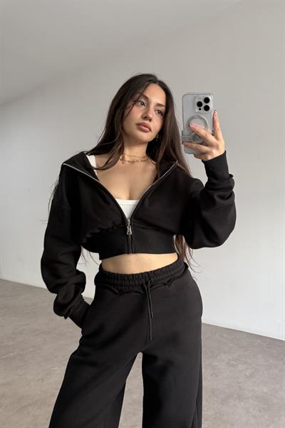 Premium Kısa Ceketli Şardonlu Siyah Eşofman Takımı