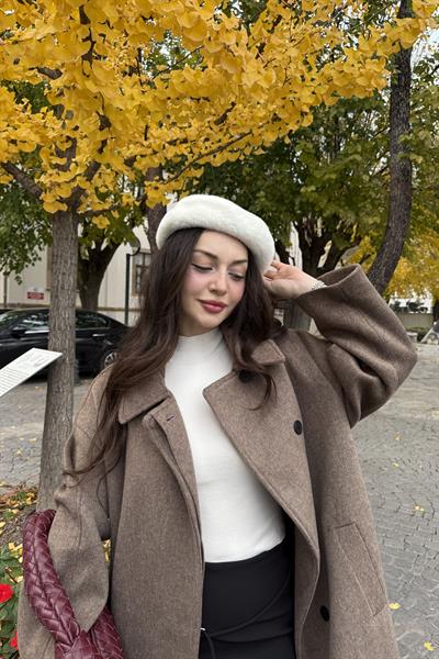 Premium Klask Yakalı Gizli Düğmeli Kalın Kahve Kaban