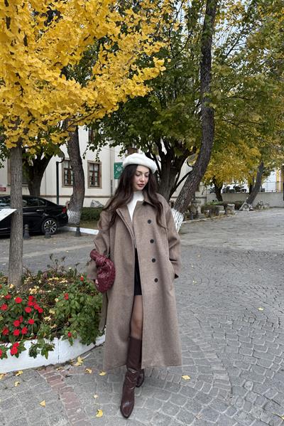 Premium Klask Yakalı Gizli Düğmeli Kalın Kahve Kaban