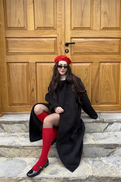 Premium Klask Yakalı Gizli Düğmeli Kalın Siyah Kaban