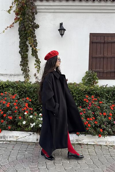 Premium Klask Yakalı Gizli Düğmeli Kalın Siyah Kaban