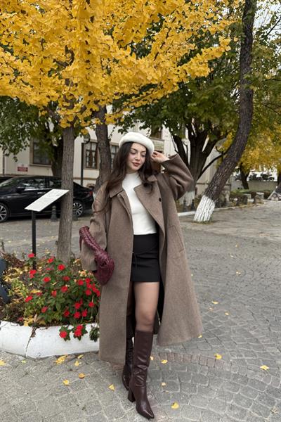 Premium Klask Yakalı Gizli Düğmeli Kalın Kahve Kaban