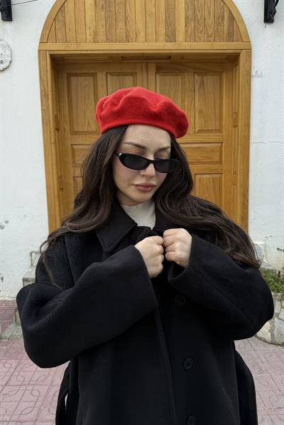 Premium Klask Yakalı Gizli Düğmeli Kalın Siyah Kaban