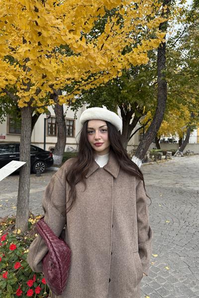 Premium Klask Yakalı Gizli Düğmeli Kalın Kahve Kaban