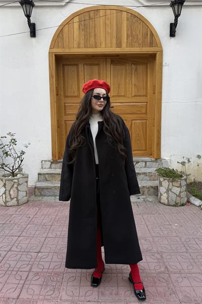 Premium Klask Yakalı Gizli Düğmeli Kalın Siyah Kaban