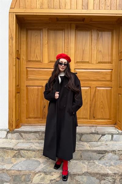 Premium Klask Yakalı Gizli Düğmeli Kalın Siyah Kaban