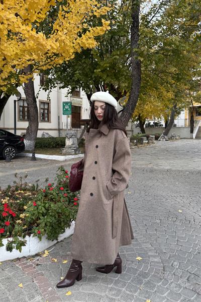 Premium Klask Yakalı Gizli Düğmeli Kalın Kahve Kaban