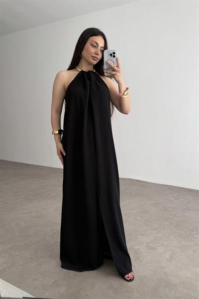 Premium Kolye Detaylı Elegant Siyah Elbise