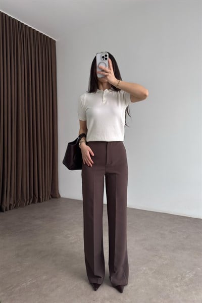 Premium Krep Düz Kesim Boz Kahve Pantolon
