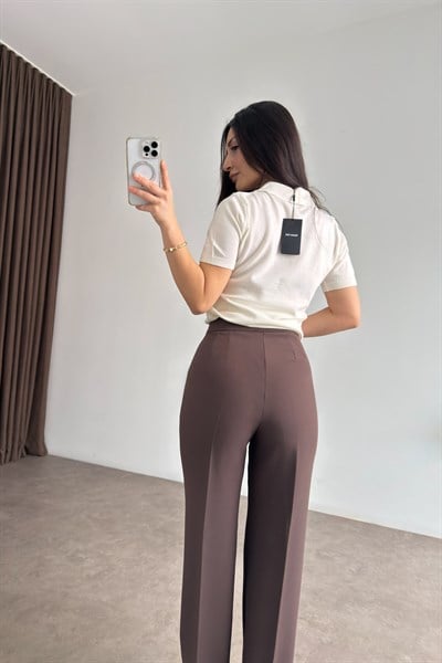 Premium Krep Düz Kesim Boz Kahve Pantolon