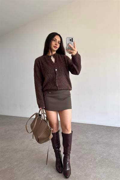 Premium Krep İçi Şortlu Yüksek Bel Haki Etek