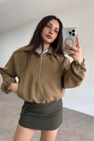 Premium Krep İçi Şortlu Yüksek Belli Haki Etek