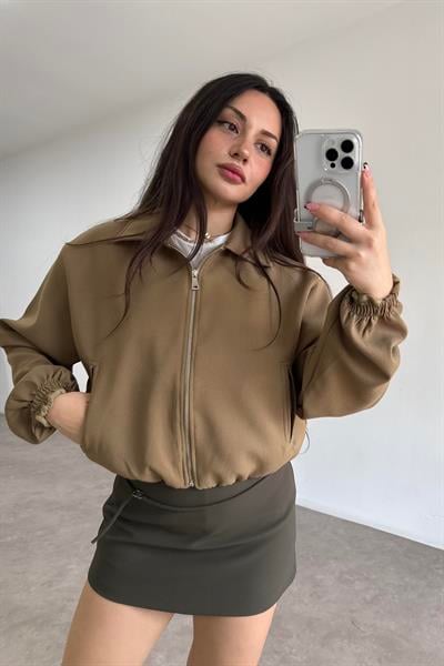 Premium Krep İçi Şortlu Yüksek Bel Haki Etek