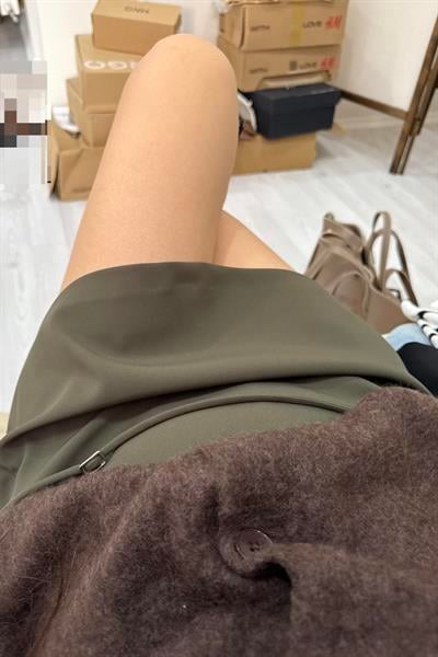 Premium Krep İçi Şortlu Yüksek Bel Haki Etek