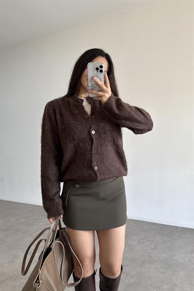 Premium Krep İçi Şortlu Yüksek Belli Haki Etek