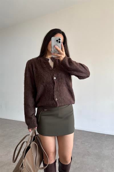 Premium Krep İçi Şortlu Yüksek Bel Haki Etek