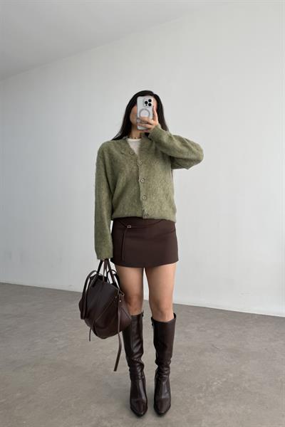 Premium Krep İçi Şortlu Yüksek Belli Kahve Etek